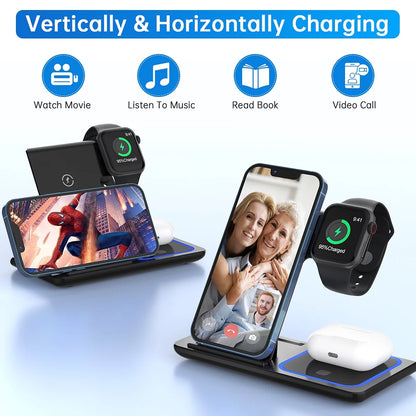 Wireless Charger, 18W Fast Iphone Charging Station for Iphone 15/14/13/12 /11/Pro Max/Plus /XR,3 in 1 Wireless Charging Stand for Iwatch Series SE 9/8/7/6/5/4/3, Airpods Pro/3/2 (With QC3.0 Adapter)