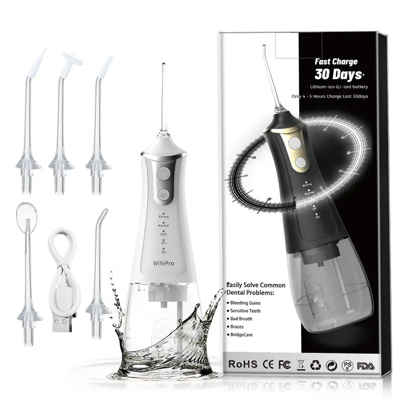 Wifepro Cordless Select (L11) Oral Irrigator Water Flosser 300ML Water Tank 4 Cleaning Modes 5 Replaceable Jet Tips and Storage Bag Mothers Day Gifts Daily Nozzle Cleansing Pulling Oil